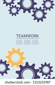 Industrial engineering background. Yellow, purple, blue, gold design. Vector minimal flat page. Graphic template. Wheels and cogs colorful gear flyer. Industrial engineering background design.