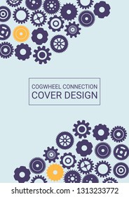 Industrial engineering background. Yellow, purple, blue, gold design. Vector minimal flat page. Graphic template. Wheels and cogs colorful gear book. Industrial engineering background design.