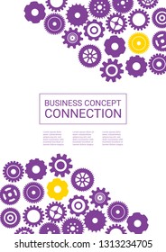 Industrial engineering background. Yellow, purple, gold design. Wheels and cogs colorful gear catalog. Vector minimal flat page. Graphic template. Industrial engineering background design.