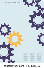 Industrial engineering background. Yellow, purple, blue, gold design. Vector minimal flat page. Graphic template. Wheels and cogs colorful gear journal. Industrial engineering background design.