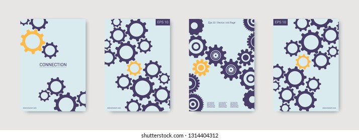 Industrial engineering background. Yellow, purple, blue, gold design. Vector minimal flat set. Graphic template. Wheels and cogs colorful gear notebook. Industrial engineering background design.