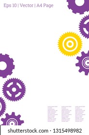 Industrial engineering background. Yellow, purple, gold design. Wheels and cogs colorful gear album. Vector minimal flat page. Graphic template. Industrial engineering background design.