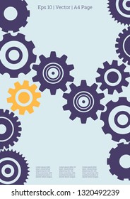 Industrial engineering background. Yellow, purple, blue, gold design. Wheels and cogs colorful gear poster. Vector minimal flat page. Graphic template. Industrial engineering background design.