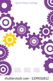 Industrial engineering background. Yellow, purple, gold design. Wheels and cogs colorful gear booklet. Vector minimal flat page. Graphic template. Industrial engineering background design.