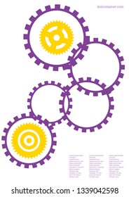 Industrial engineering background. Yellow, purple, gold design. Vector minimal flat page. Graphic template. Wheels and cogs colorful gear banner. Industrial engineering background design.