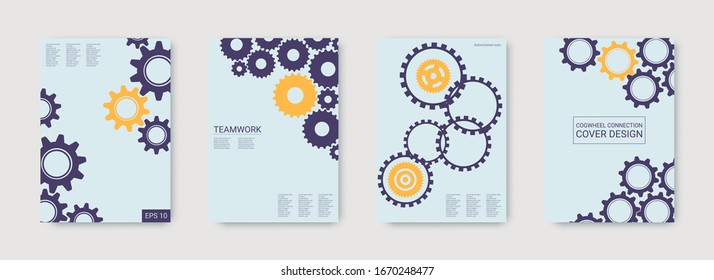 Industrial Engineering Background. Yellow, Purple, Blue, Gold Design. Wheels And Cogs Colorful Gear Flyer. Vector Minimal Flat Set. Graphic Template. Industrial Engineering Background Design.