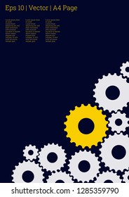 Industrial engineering background. Yellow and white cogs on black. Vector minimal flat page. Graphic template. Wheels and cogs colorful gear magazine. Industrial engineering background design.