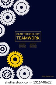 Industrial engineering background. Yellow and white cogs on black. Vector minimal flat page. Graphic template. Wheels and cogs colorful gear catalog. Industrial engineering background design.