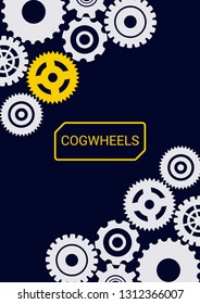Industrial engineering background. Yellow and white cogs on black. Vector minimal flat page. Graphic template. Wheels and cogs colorful gear poster. Industrial engineering background design.