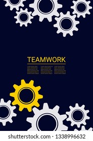 Industrial engineering background. Yellow and white cogs on black. Vector minimal flat page. Graphic template. Wheels and cogs colorful gear print. Industrial engineering background design.