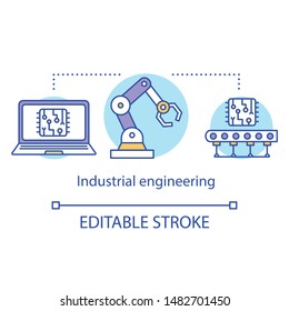 Industrial engineering concept icon. Manufacturing process optimization idea thin line illustration. Operations management. Vector isolated outline drawing. Editable stroke