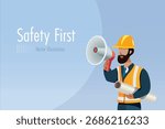 Industrial engineering holding megaphone remind workers for safety first. Safety regulations in workplace and construction site. Industry template, banner and news announcement. Vector.