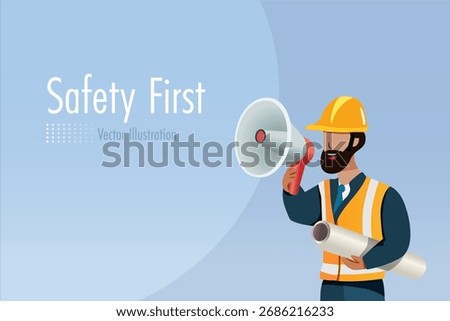 Industrial engineering holding megaphone remind workers for safety first. Safety regulations in workplace and construction site. Industry template, banner and news announcement. Vector.