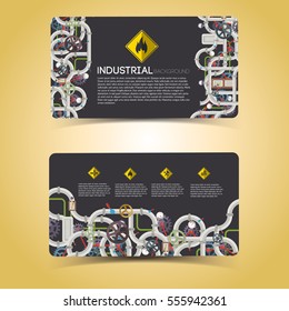 Industrial engineering horizontal banners with text steel pipeline valves fittings gears tubes pressure meters isolated vector illustration
