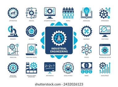 Conjunto de iconos de ingeniería industrial. Proceso, Investigación, Diseño Industrial, Conocimiento, Física, Equipos, Ciencias Sociales, Desarrollo. Iconos sólidos de color de duotono