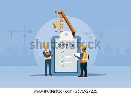 Industrial engineering team point at safety first check list, remind for safety regulations in workplace and construction site to prevent from accident. Vector.
