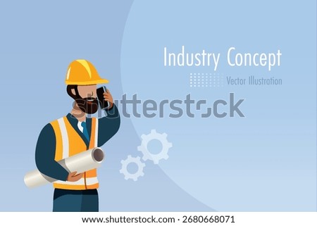 Industrial engineering worker holding blueprint talking on phone. Communication in industry and construction workplace Vector.