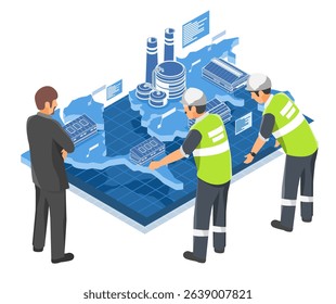 Industrial engineers analyzing smart factory logistics on a digital isometric map for efficient supply chain management and warehouse distribution planning
