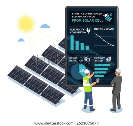Industrial engineers analyzing solar panel data on a smart dashboard to optimize energy efficiency and reduce electricity costs with renewable energy investment
