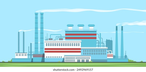 Industrial Empresa. Edificio de la fábrica con pipas de fumar. Planta de fabricación. Estación nuclear. Generación de electricidad. Procesamiento químico. Contaminación atmosférica