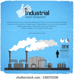 Industrial enterprise with smokestacks pipeline and infographic elements on blue worn background vector illustration