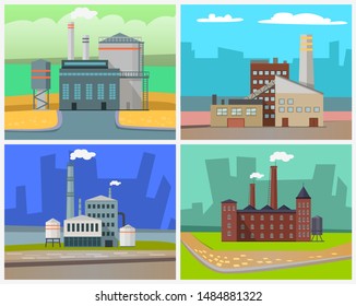 Industrial enterprises vector, cityscapes and cities with factories. Smoke and fumes from pipes, industry development, manufacture old town structure. Urbanscape road Building of factory. Flat cartoon