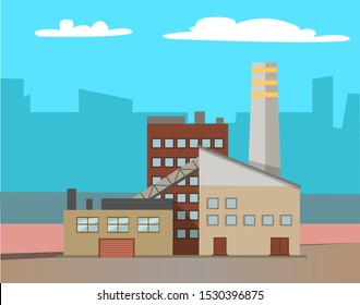 Industrial enterprises vector, cityscapes and cities with factories. Smoke and fumes from pipes, industry development, manufacture old town structure. Urbanscape road Building of factory. Flat cartoon