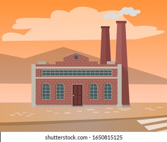 Industrial enterprises vector, cityscapes and cities with factories. Smoke and fumes from pipes, industry development, manufacture old town structure. Urbanscape road Building of factory. Flat cartoon