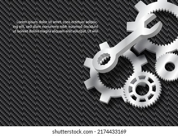 Industrial equipment in 3d and isometric style with example texts on carbon fiber fabric pattern background.