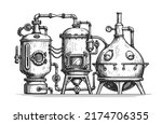 Industrial equipment from copper tanks for distillation of alcohol. Distillery, distillation vintage vector