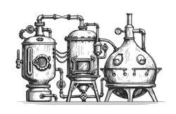 Industrial Equipment From Copper Tanks For Distillation Of Alcohol. Distillery, Distillation Vintage Vector