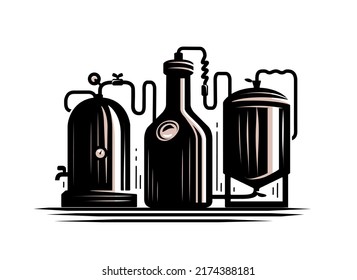 Industrial equipment from copper tanks for distillation of alcohol. Distillery, brewery symbol. Vector illustration