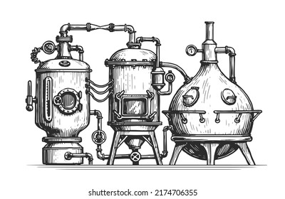 Industrial equipment from copper tanks for distillation of alcohol. Distillery, distillation vintage vector
