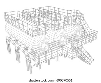 Industrial equipment. Detailed vector illustration on white background. Vector rendering of 3d. Wire-frame style