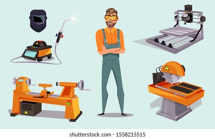 Industrial equipment flat vector illustrations set. Factory worker in protective glasses cartoon character. Manufacturing machinery and safety items. Automated electric tools, welding machine