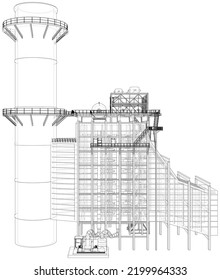 Industrial equipment. Large Industrial Furnace. Vector rendering of 3d. Wire-frame style. The layers of visible and invisible lines are separated