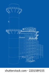 Industrial equipment. Large Industrial Furnace. Vector rendering of 3d. Wire-frame style. The layers of visible and invisible lines are separated