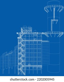 Equipo industrial. Gran Horno Industrial. Representación vectorial de 3d. Estilo de marco de cables. Las capas de líneas visibles e invisibles están separadas