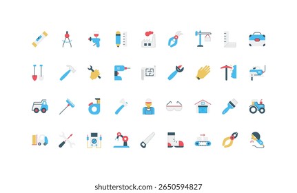 Equipamentos industriais, ferramentas mecânicas do trabalhador da construção, conjunto de ícones de cores da caixa de ferramentas dos técnicos. Linha de montagem e máquina de fabricação, instrumento, segurança e reparação ilustração vetor plana