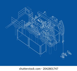 Equipos industriales para la extracción de petróleo. Representación vectorial de 3d. Estilo de marco de cables. Las capas de líneas visibles e invisibles están separadas. Ortografía o isométrica