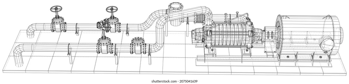 Industrial equipment pump. Wire-frame. EPS10 format. Vector rendering of 3d.