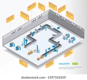 Industrial equipment set isometric composition with indoor view of operating department with people and text boxes vector illustration