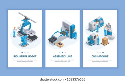 Industrial equipment set of three isometric vertical banners with editable text human characters and machine tools vector illustration