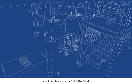 Industrial equipments rendering of 3d vector illustration blue prints