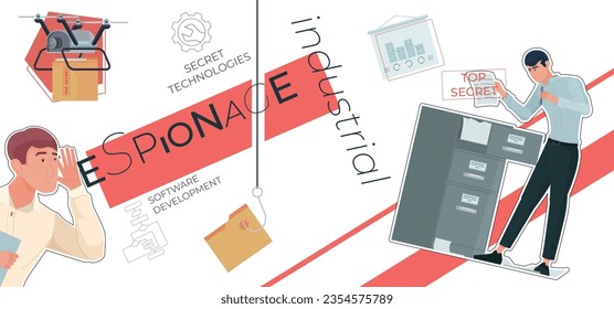 Industrial espionage composition with collage of flat icons with stamps secret documents and doodle human characters vector illustration