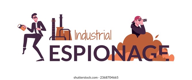 Industrial espionage composition with flat text icons and doodle style human characters of spying business workers vector illustration