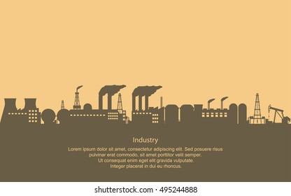 Industrial Estate with buildings and structures in flat icon design and yellow sky with dark clouds background (vector)