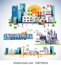 industrial estate skyscraper with factory, warehouse, powerplant and building set. typographic for header design - vector illustration