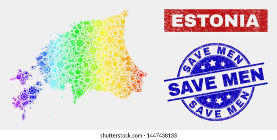 Industrial Estonia map and blue Save Men distress seal stamp. Rainbow colored gradient vector Estonia map mosaic of machinery components. Blue rounded Save Men seal.