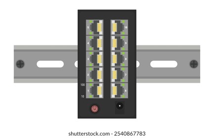 Industrial ethernet switch with 10 ports mounted on a DIN rail. Vector illustration in flat style
